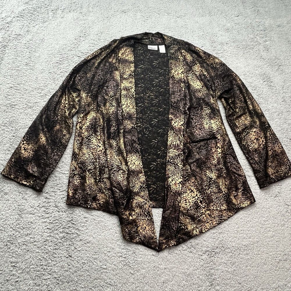 Chicos Cutwork Jacket Gold Black Light Blazer Womens Size L/12 Chicos 2 USA Made